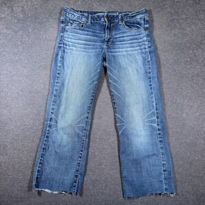 American Eagle Straight Jeans Women 14 Blue Raw Hem Stretch Denim Mid Rise Boho